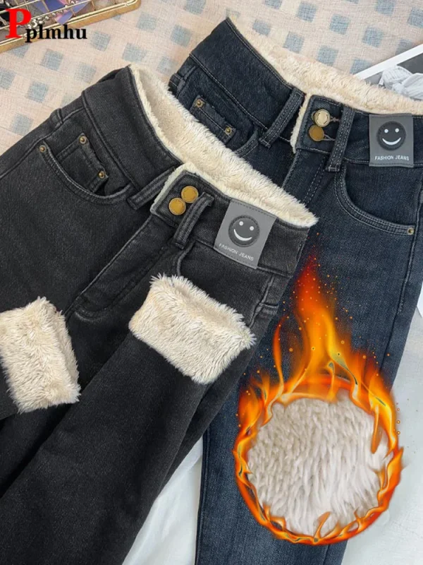 Jeans a matita slim in lana d'agnello calda Vaqueros skinny in peluche da donna Pantaloni in denim in pile addensato a vita alta vintage Legging in velluto casual 1