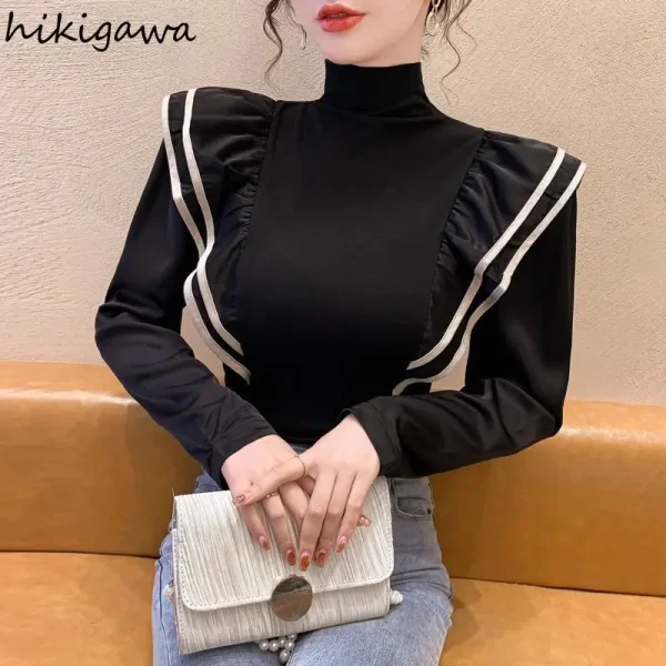 Colore a contrasto Donna T-shirt Dolcevita a maniche lunghe Slim Fit Tees Coreano Camisetas Moda Ruffles Y2k Tshirt 2025 Ropa Mujer 2