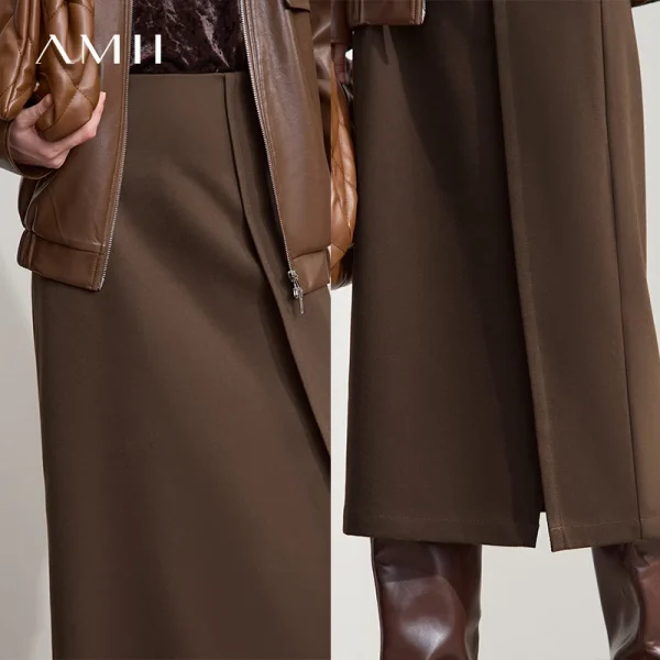 AMII Minimalista Donna Marrone Gonne 2025 Autunno Retro Twill spazzolato Spacco laterale Office Lady Midi Gonne Donna Abbigliamento 12543057 3