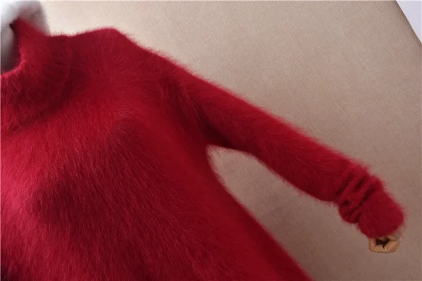Pull Femmes Donna Rosso Autunno Inverno Vestiti Visone peloso Cashmere Dolcevita lavorato a maglia Maniche lunghe Abito maglione maglione medio lungo 4