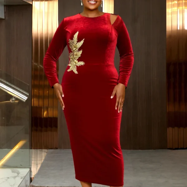 Abito longuette da donna elegante in velluto rosso o collo tagliato maniche lunghe ricamo fiore aderente festa serale ospite di nozze autunno nuovo 1