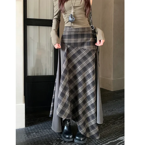 MEXZT Y2K Gonna longuette scozzese Donna Harajuku Vintage Asimmetrico Gonne divise Autunno Inverno Grunge Coreano Patchwork Design Faldas 1