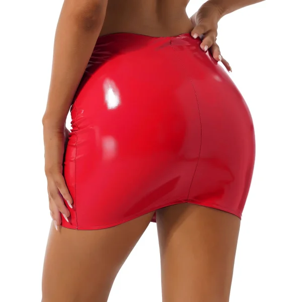 Minigonna in pelle verniciata lucida per donna Tinta unita Cintura elastica Gonna a tubino Costume da festival musicale Abbigliamento quotidiano Clubwear 3