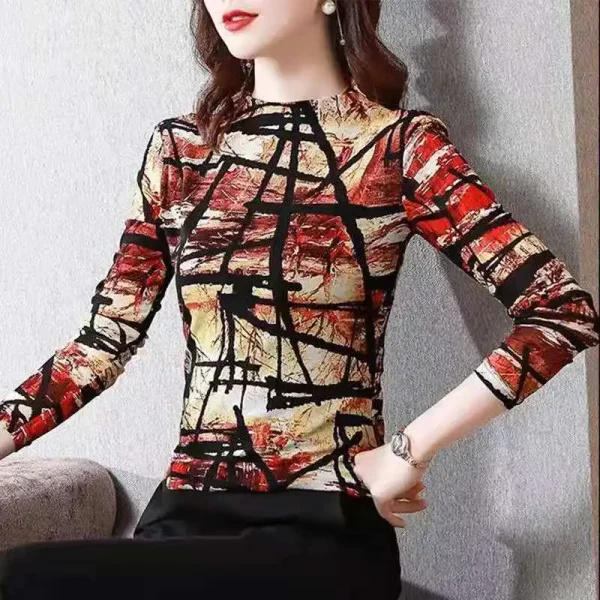 Autunno e inverno Pullover da donna girocollo Patchwork stampa sottile sottofondo moda Casual elegante pendolare manica lunga top 4
