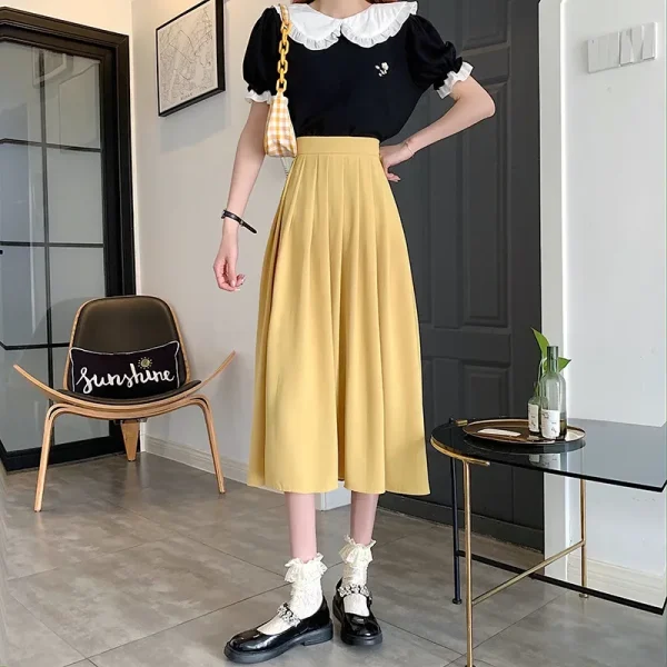 Gonna midi nera a trapezio da donna Primavera Estate Autunno Inverno Gonna a metà corpo a pieghe a vita alta in puro colore stile coreano 3