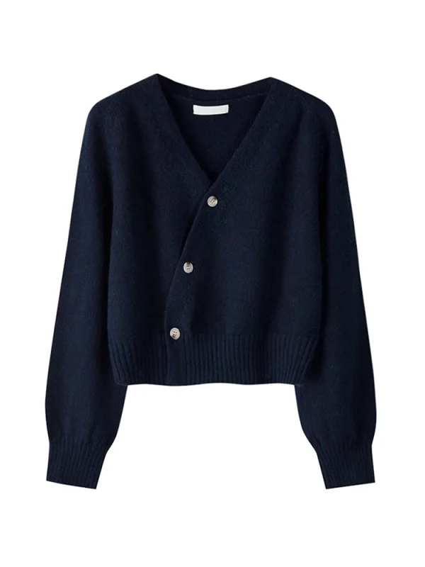 2025 Autunno Inverno Bottone obliquo Cardigan Maglione con scollo a V Donna Top a maniche lunghe lavorato a maglia Maglione donna coreano allentato in cashmere solido 3