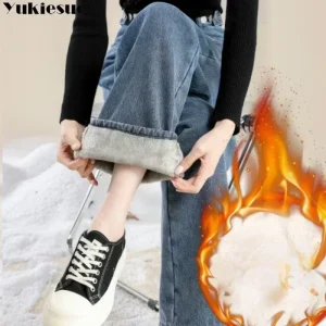 Pantaloni da donna 2023 moda invernale edizione coreana nuovo stile versatile vita alta cilindro dritto jeans a gamba larga in pile spesso 1