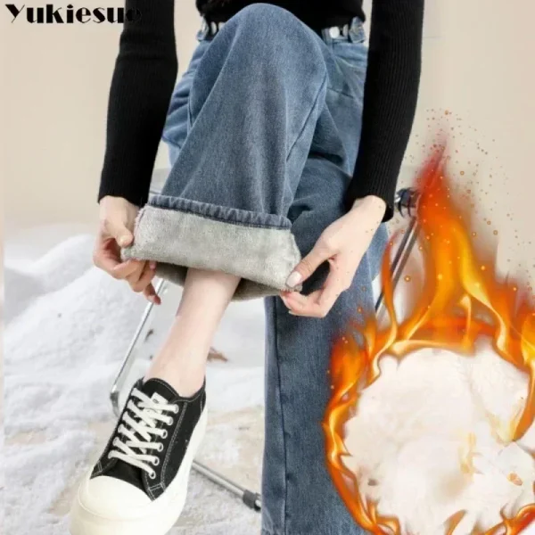 Pantaloni da donna 2023 moda invernale edizione coreana nuovo stile versatile vita alta cilindro dritto jeans a gamba larga in pile spesso 1