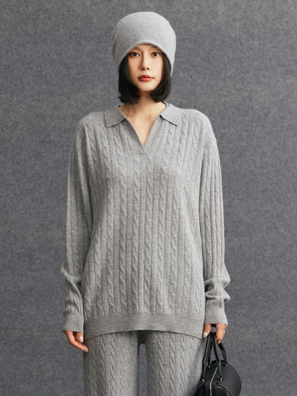 Polo da donna con scollo a V maglione pullover allentato casual 100% maglieria in cashmere caldo lusso twist fiore maglione autunno inverno vestiti Top 3