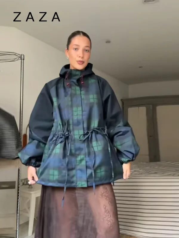 Giacca da donna allentata con griglia vintage Cappotto con colletto allentato oversize con cappuccio a maniche lunghe Capispalla con lacci 2025 New Lady Streetwears 5