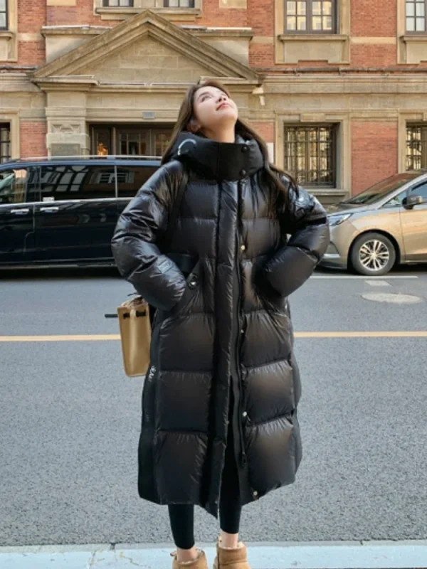 2025 Nuovo Autunno Inverno Femminile Con Cappuccio Piumino D'anatra Bianca Inverno Lucido Caldo Addensato Lungo Piumino Antivento Outwear 4