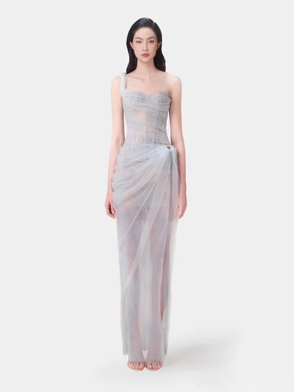 Elegante abito avvolgente in rete sul petto Abito primaverile da donna senza maniche con cinturino senza schienale Abito estivo a canotta lunga senza spalline a vita alta 3