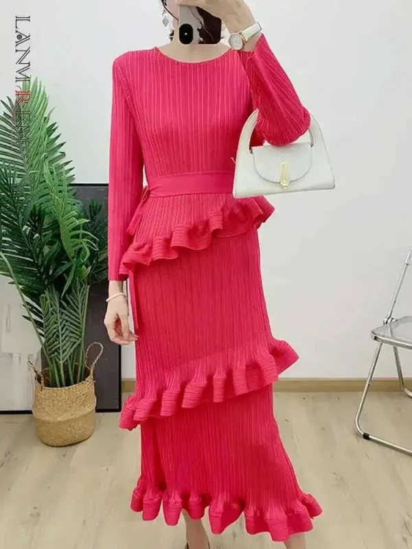 LANMREM Elegante Pieghettato Increspature Vestito Delle Donne Girocollo Cintura Raccolta Vita Abiti di Colore Solido Moda 2025 Primavera Nuovo 2AA3942 3