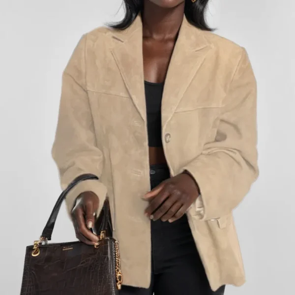 2024 autunno inverno Woomen giacca in pelle scamosciata con risvolto donna Casual monopetto tasca manica lunga cappotto corto Street soprabito 4