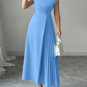 ZANZEA Ufficio Abiti da donna 2025 Elegante scollo a V senza maniche Abito da festa Solido Pieghettato Vestito estivo Elegante Vita Maxi Abiti lunghi 1
