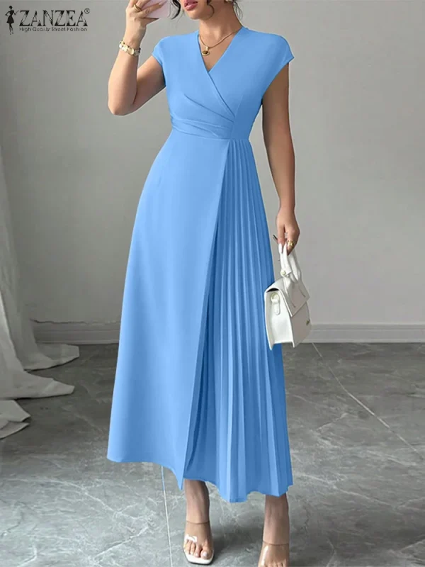 ZANZEA Ufficio Abiti da donna 2025 Elegante scollo a V senza maniche Abito da festa Solido Pieghettato Vestito estivo Elegante Vita Maxi Abiti lunghi 1