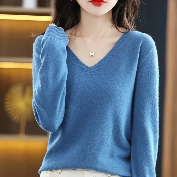 Autunno Inverno Donna Maglione 2025 Maglieria moda coreana Caldo manica lunga con scollo a V Pullover in maglia Slim Fit Camicia che tocca il fondo Maglione 6