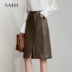 AMII Minimalista PU Gonna in pelle per le donne 2025 Americano Retro Gonna al ginocchio Solid Nozioni di base Abbigliamento donna d'affari 12553014 1