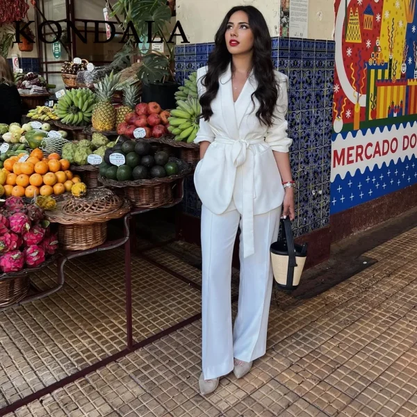 KONDALA 2025 Autunno Inverno Office Lady Abiti Moda Allentato Casual Telai Coprispalle Blazer con intaglio + Pantaloni eleganti a vita media a gamba larga 5