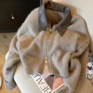 Cardigan corto con cerniera patchwork Donna 400g Spessore maglione lavorato a maglia autunnale Giacca bomber Cappotto corto in maglia aderente vintage anni 2000 1