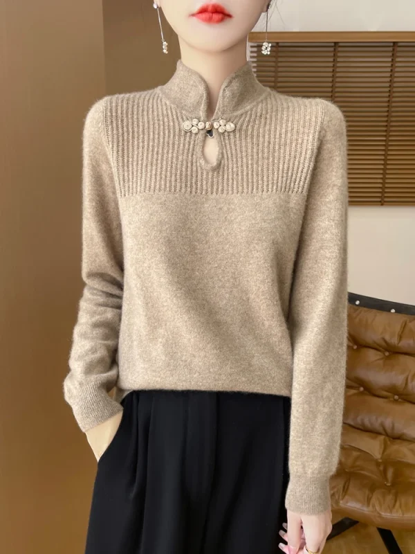 Maglione da donna in lana merino Pullover con colletto alla coreana Maglieria con fondo in cashmere stile cinese Top a maniche lunghe retrò 1