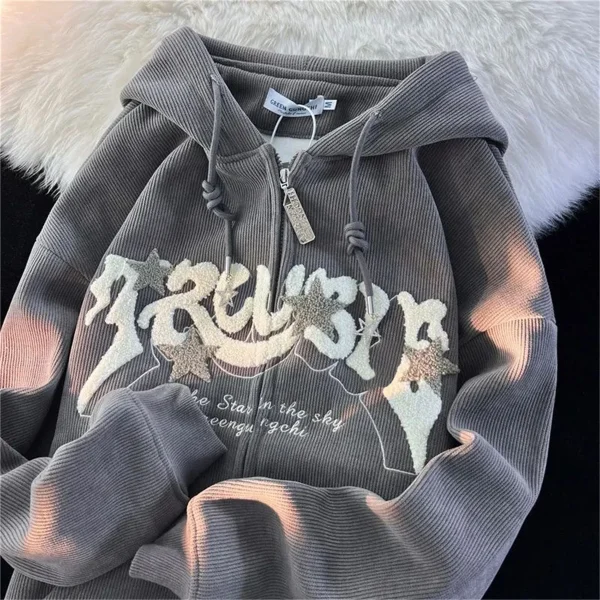 Felpe con zip ricamate alla moda da donna autunno top a maniche lunghe camicia con cappuccio allentato Harajuku Y2K abbigliamento giacca felpa femminile 4