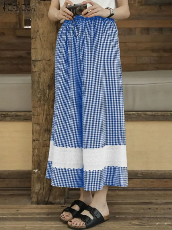 ZANZEA pantaloni a gamba larga da donna pantaloni lunghi con cuciture in pizzo Casual 2024 Pantalon elastico in vita autunnale pantalone corto scozzese Vintage 5