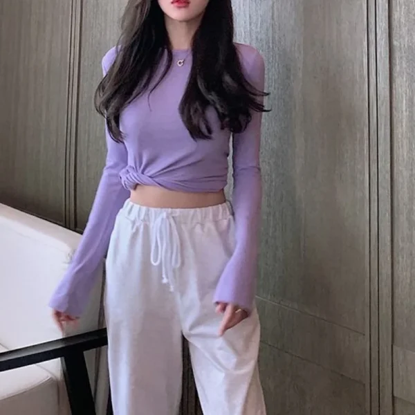 T-shirt da donna semplice 2025 Tee Abbigliamento Slim Cotton Skinny Top viola per donna Tshirt Corea Elegante tendenza primaverile e autunnale Goth 1