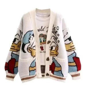 Cardigan lavorato a maglia Disney Maglioni giapponesi dei cartoni animati di Donald per donna Cappotto femminile Autunno e inverno Allentato selvaggio Addensare Top Kawaii 1