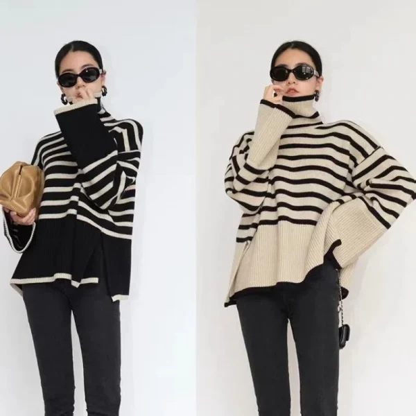 Maglione dolcevita a righe da donna2023Nuovo cappotto pullover in maglia di nicchia dal design ampio autunno e inverno 3