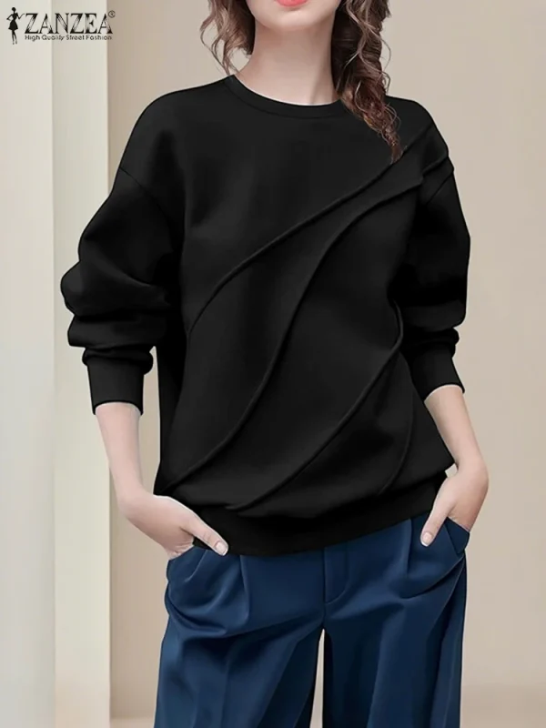 ZANZEA 2025 Felpe da donna Solido Manica lunga Casual Felpe allentate Moda O-Collo Autunno Pullover Capispalla a pieghe 2