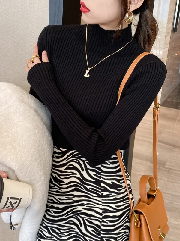Top eleganti in maglia basic tinta unita maglione da donna con collo alto manica lunga pullover casual sottile moda coreana abiti semplici chic 2
