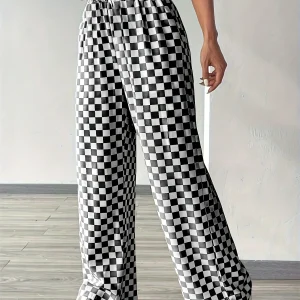 「Eleganti pantaloni larghi dritti da donna a gamba larga con pantaloni casual in tessuto con stampa a quadretti in bianco e nero, lavabili in lavatrice 1