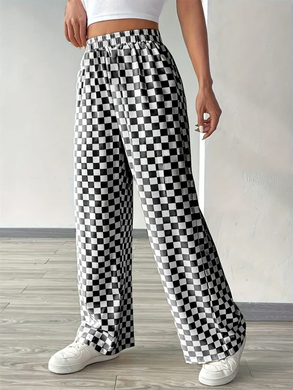 「Eleganti pantaloni larghi dritti da donna a gamba larga con pantaloni casual in tessuto con stampa a quadretti in bianco e nero, lavabili in lavatrice 1