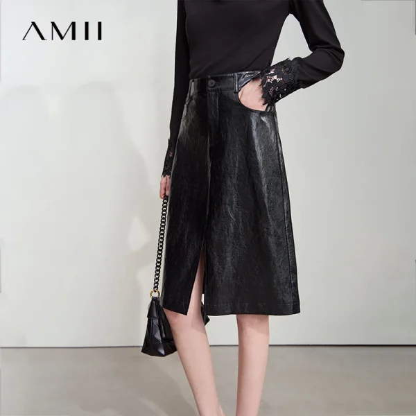 AMII Minimalista PU Gonna in pelle per le donne 2025 Americano Retro Gonna al ginocchio Solid Nozioni di base Abbigliamento donna d'affari 12553014 4
