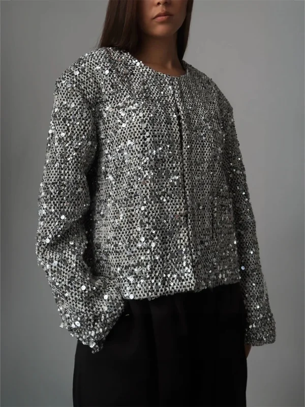 Cappotto d'argento Chic moda donna Casual caldo Chic elegante cappotti femminili autunno giacca di paillettes allentata abbigliamento donna 2