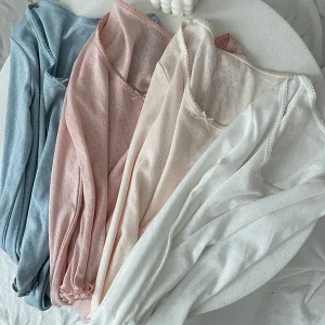 T-shirt a maniche lunghe sottile con occhielli con fiocco Donna Autunno Sexy Scoop Neck Orlo a fungo T-shirt sottile in cotone Solido semplice dolce Tee Y2k Top 1