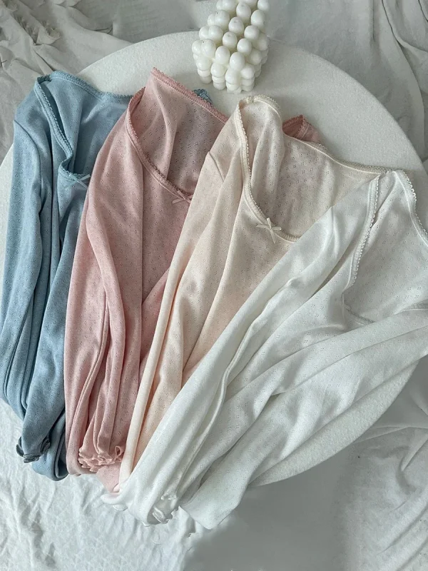 T-shirt a maniche lunghe sottile con occhielli con fiocco Donna Autunno Sexy Scoop Neck Orlo a fungo T-shirt sottile in cotone Solido semplice dolce Tee Y2k Top 1