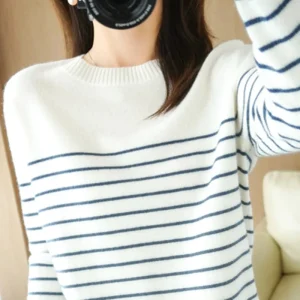 Maglione lavorato a maglia in cotone 100% maglione da donna a righe abbinate ai colori girocollo di grandi dimensioni temperamento allentato manica lunga fondo 1
