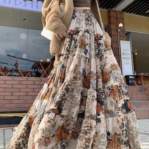 Gonna a pieghe floreale di alta qualità Donna Retro A Line Gonne lunghe Donna 2025 Autunno Inverno Vacanza Festa Big Swing Maxi Faldas 1