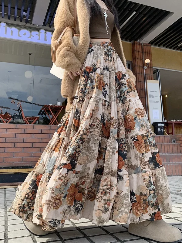 Gonna a pieghe floreale di alta qualità Donna Retro A Line Gonne lunghe Donna 2025 Autunno Inverno Vacanza Festa Big Swing Maxi Faldas 1