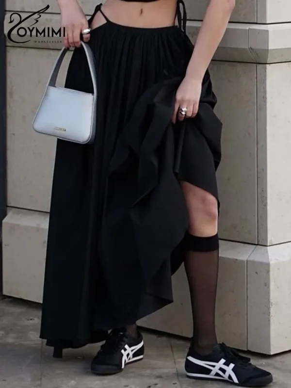 Oymimi Moda Gonna da donna in cotone bianco Elegante gonna a pieghe con lacci allentata Casual Nuove gonne a metà polpaccio solide Abbigliamento femminile 2