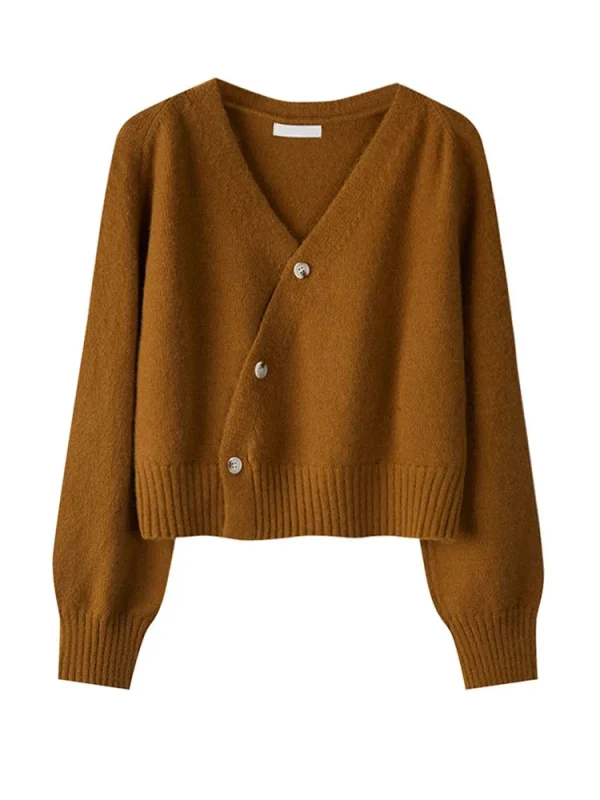 2025 Autunno Inverno Bottone obliquo Cardigan Maglione con scollo a V Donna Top a maniche lunghe lavorato a maglia Maglione donna coreano allentato in cashmere solido 4