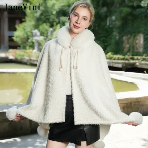 JaneVini Inverno Avorio Con Cappuccio Pelliccia Da Sposa Bolero Fiesta Mujer Elegante Cappotto di Pelliccia Sintetica per Scialle Da Sposa Mantello Coprispalle Sposa Wrap Cape 1