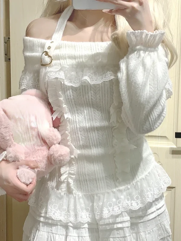Lolita Maglione con spalle scoperte Donna 2025 Kawaii Patchwork di pizzo Y2k Estetico giapponese Bottoming Crop Top Pullover Maglieria 1