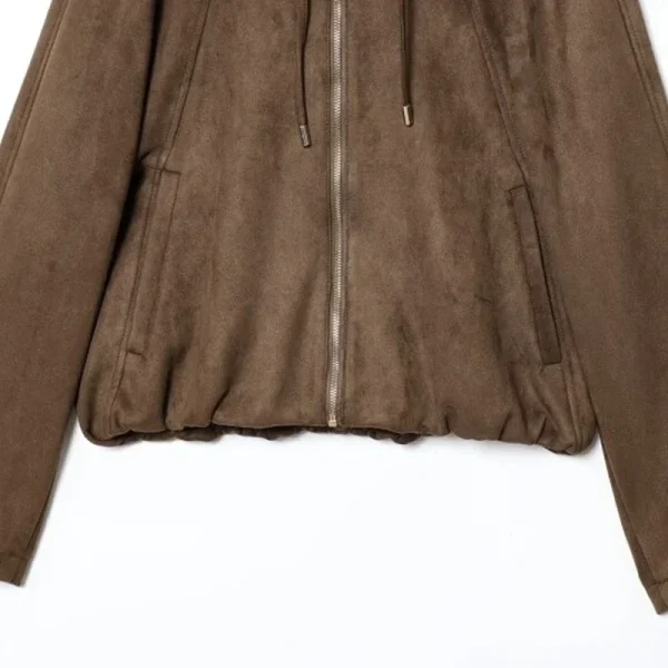 Giacca da pilota con cappuccio da donna Cappotto con cerniera calda con superficie in pelle scamosciata Top casual con cappuccio alla moda a maniche lunghe e vestibilità ampia 5