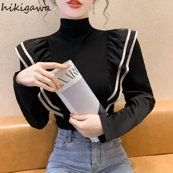 Colore a contrasto Donna T-shirt Dolcevita a maniche lunghe Slim Fit Tees Coreano Camisetas Moda Ruffles Y2k Tshirt 2025 Ropa Mujer 4