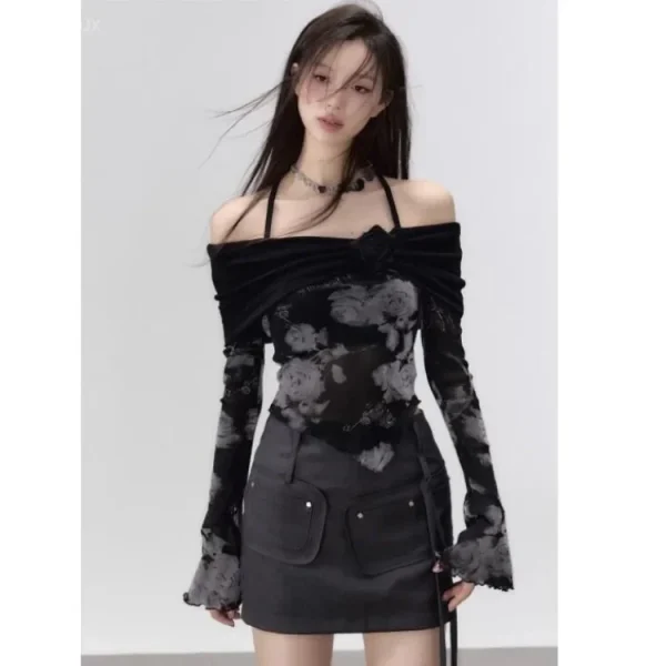 Nero falso due pezzi con spalle scoperte top donna autunno New Slim Fit Halter Print Tee Shirt Y2k E-Girl t-Shirt a maniche lunghe 2
