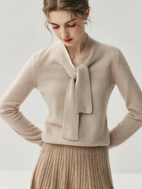 CHICUU Maglione pullover con colletto con lacci da donna 100% maglia di cashmere Office Lady Maglieria basic in cashmere a maniche lunghe Autunno Inverno 3