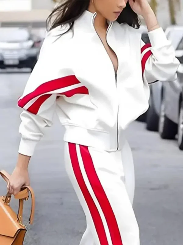 Missuoo 2024 Autunno Nuovi set di pantaloni a righe laterali per le donne Colletto alla coreana Giacche a maniche lunghe e pantaloni dritti casual a vita alta 2